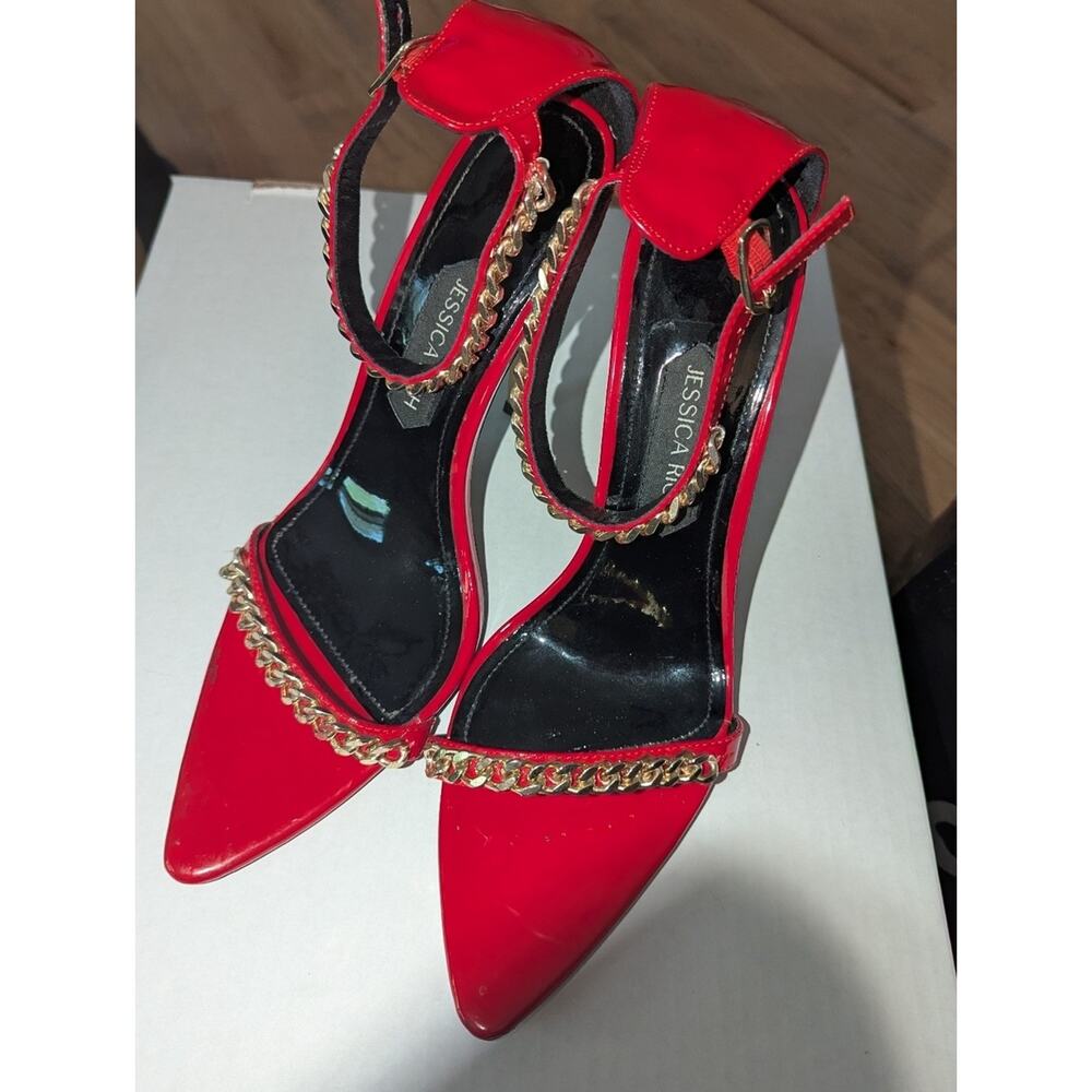 Jessica Rich Red Patent Chain Strap Stiletto Heels Women’s EU 41 Pointed Toe Pum